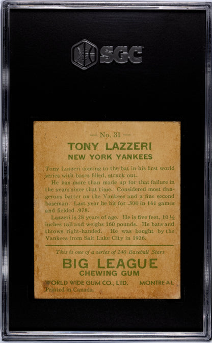 1933 Goudey World Wide Gum  #31 Tony Lazzeri  Yankees SGC 1.5