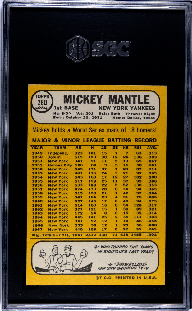 1968 Topps #280 Mickey Mantle Yankees SGC 4.5