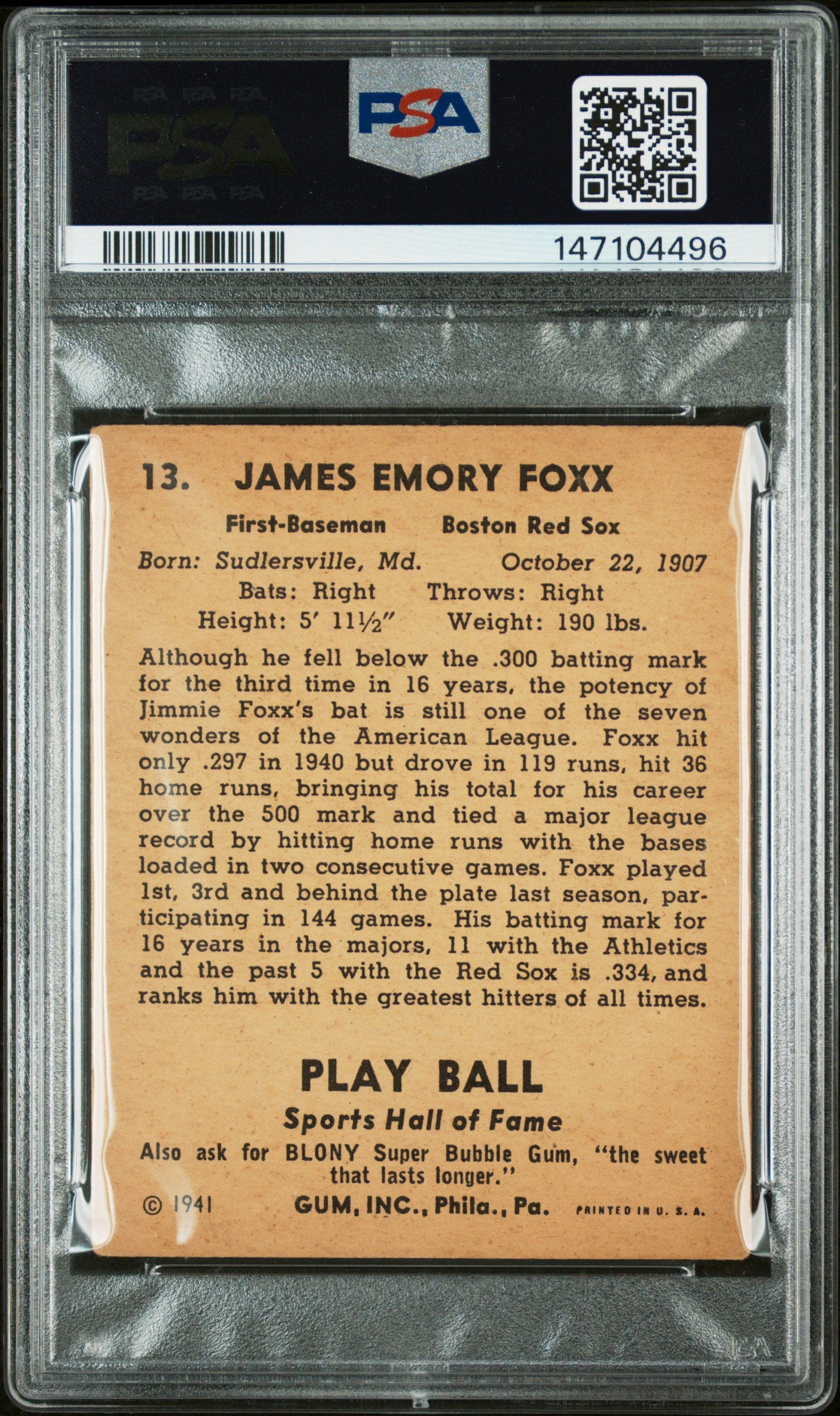 1941 Play Ball #13 Jimmie Foxx Red Sox PSA 3 Well Centered