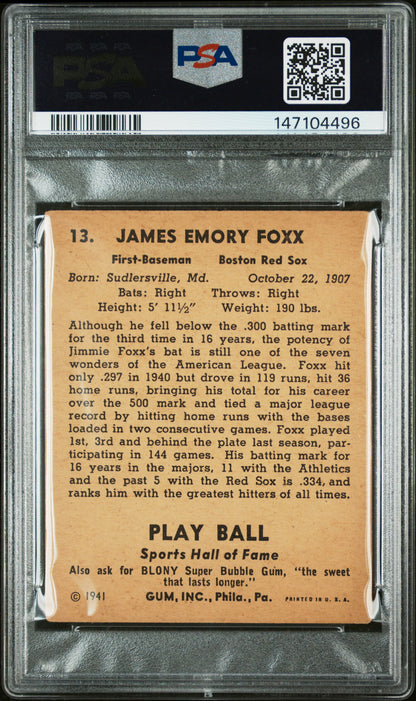 1941 Play Ball #13 Jimmie Foxx Red Sox PSA 3 Well Centered