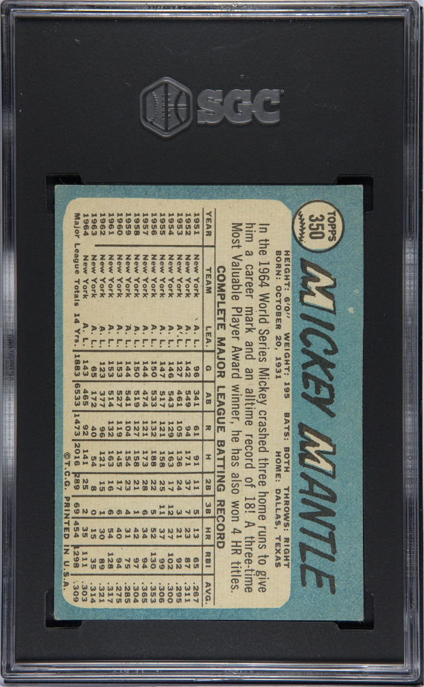 1965 Topps #350 Mickey Mantle Yankees SGC 4
