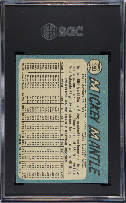 1965 Topps #350 Mickey Mantle Yankees SGC 4