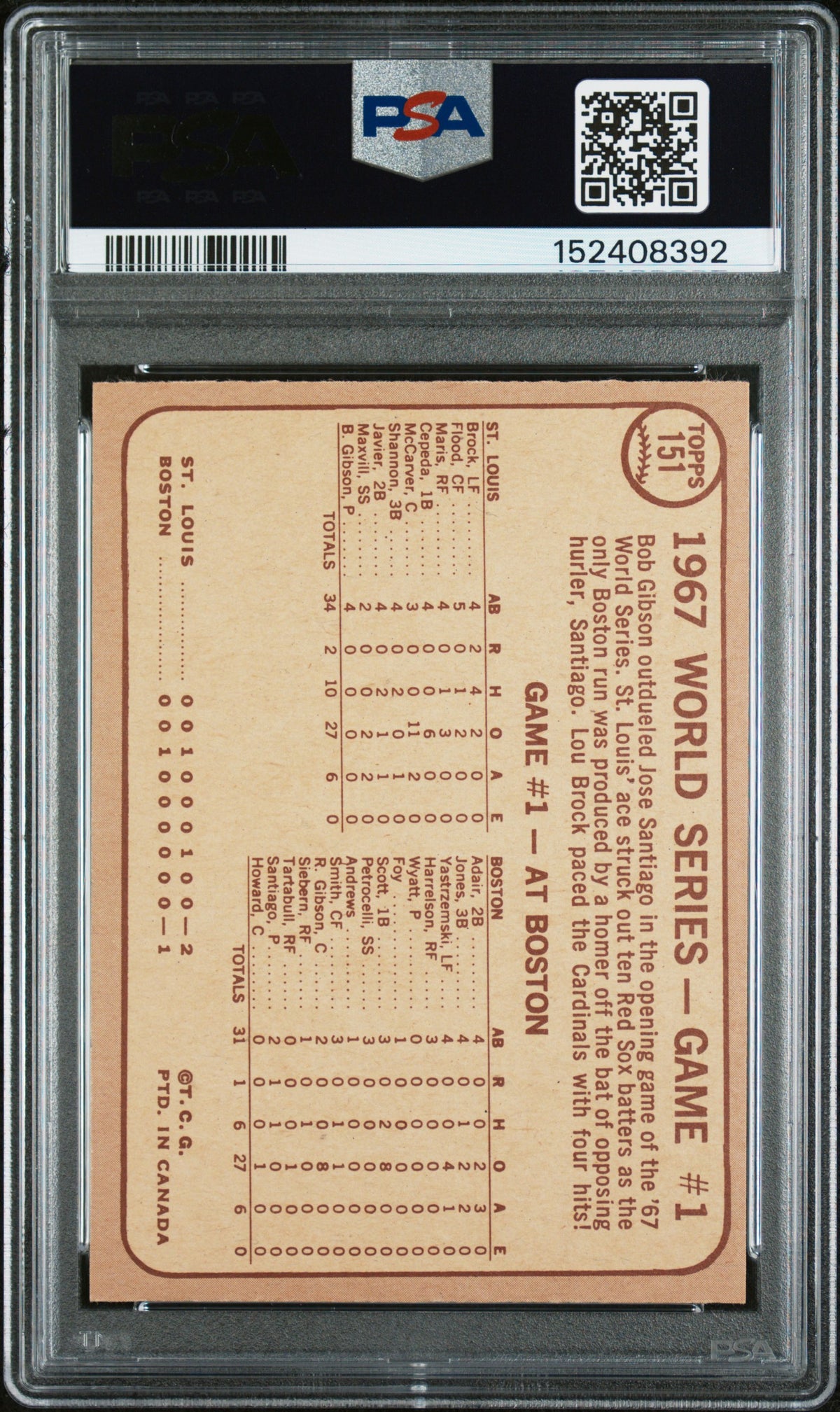 1968 OPC O-Pee-Chee #151 World Series Game 1 W/ Lou Brock PSA 9