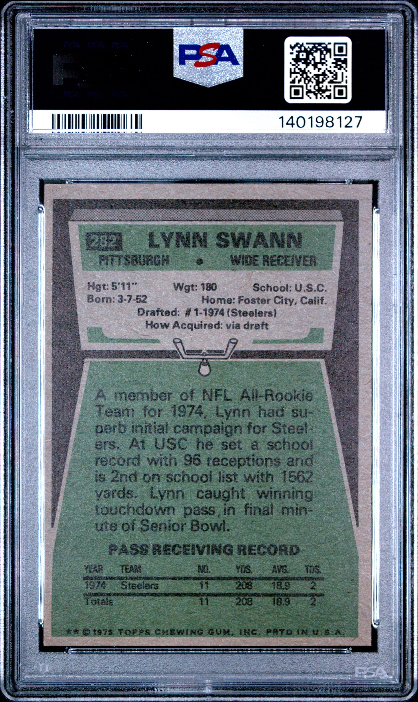 1975 Topps #282 Lynn Swann Rookie HOF Steelers PSA 8 Well Centered