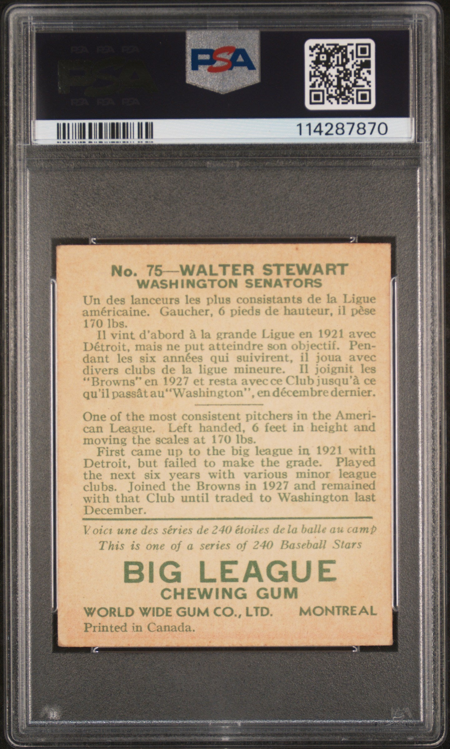 1933 World Wide Gum #75 Walter Stewart Senators PSA 4