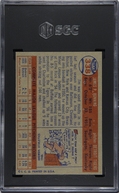 1957 Topps #338 Jim Bunning Rookie HOF Tigers SGC 6