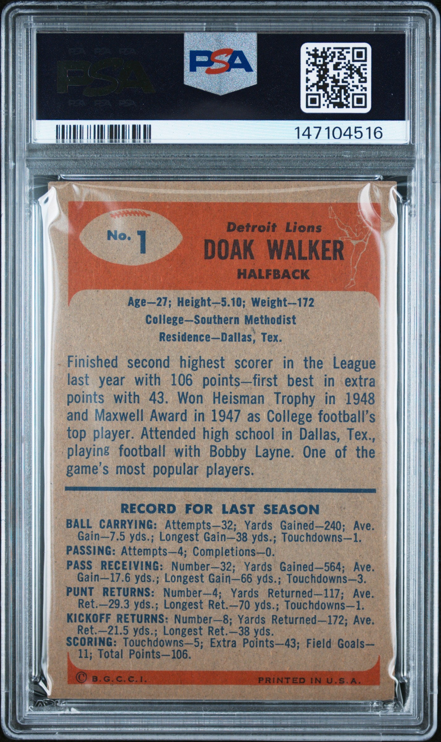 1955 Bowman #1 Doak Walker Lions PSA 5