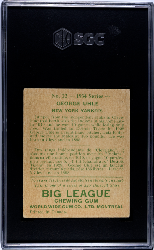 1934 Goudey World Wide Gum Co. #22 George Uhle Yankees SGC 3