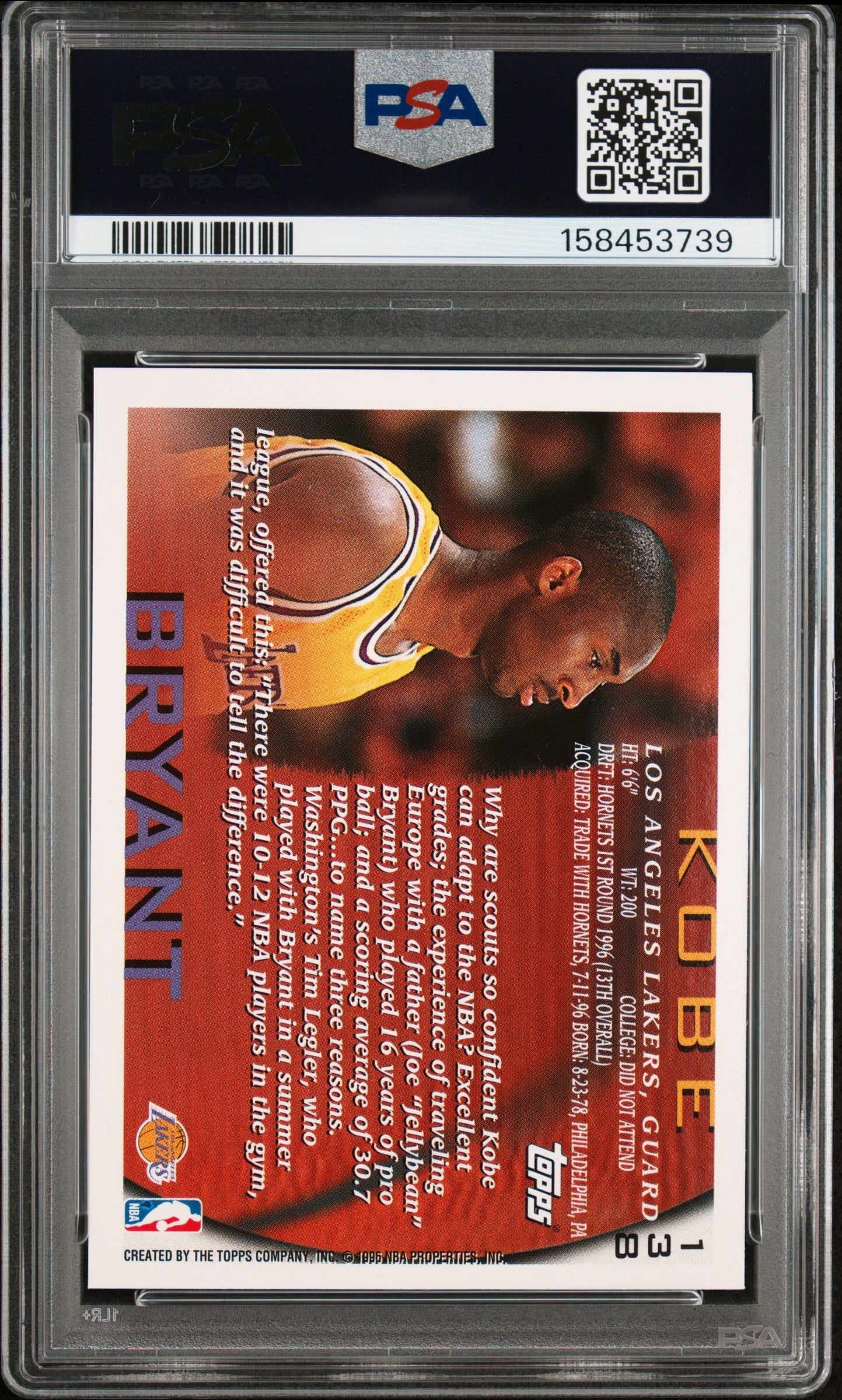 1996 Topps #138 Kobe Bryant Rookie HOF Lakers PSA 9