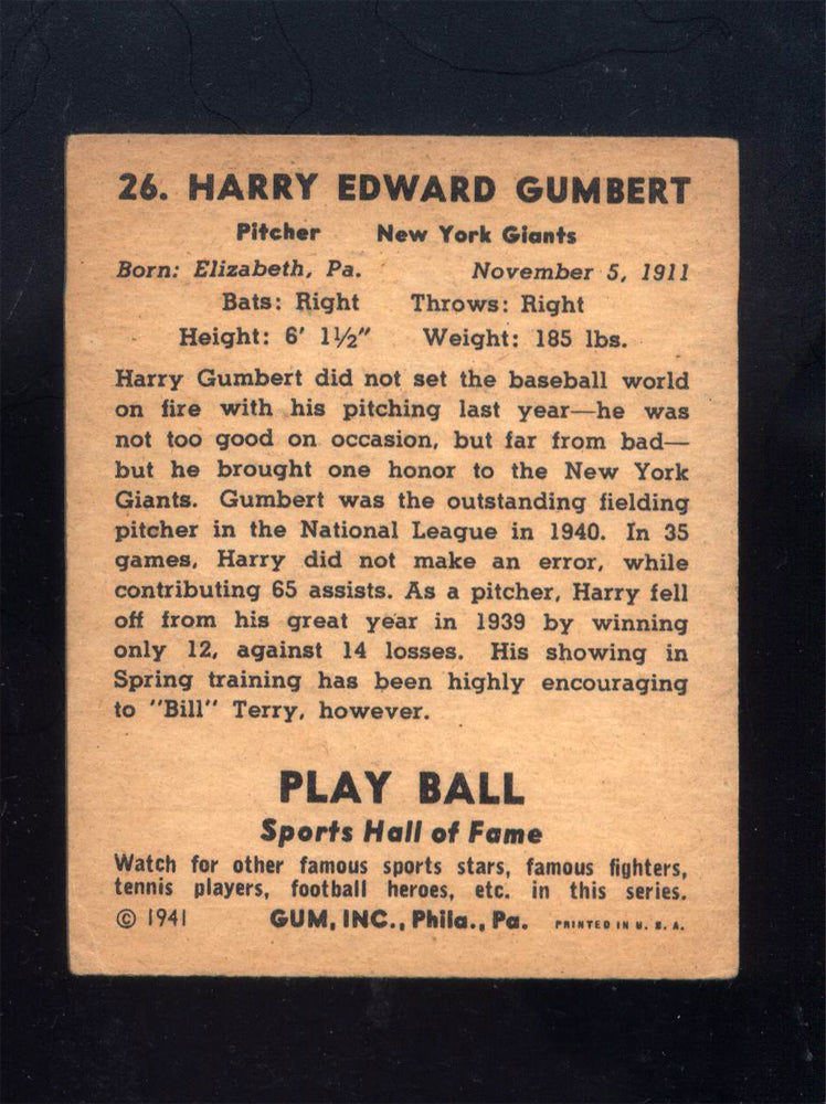 1941 Play Ball #26 Harry "Gunboat" Gumbert Giants (VG)