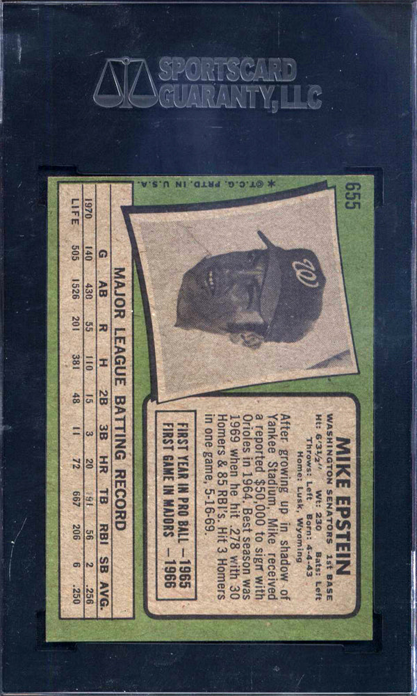 1971 Topps High# 655 Mike Epstein Senators SGC 7
