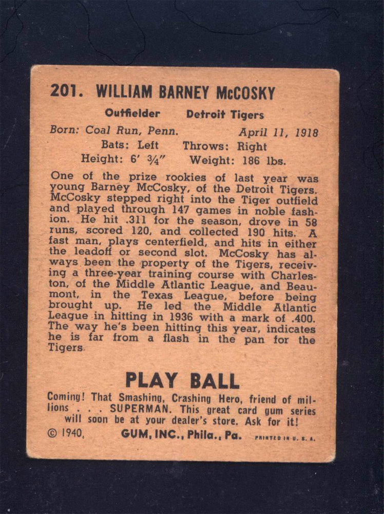 1940 Play Ball #201 Barney McCosky Tigers (VG)