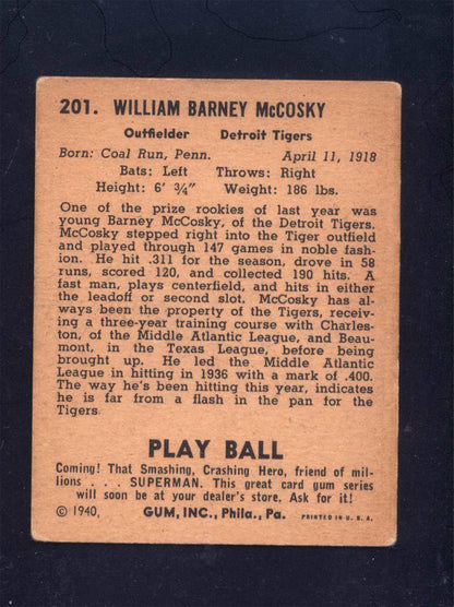 1940 Play Ball #201 Barney McCosky Tigers (VG)