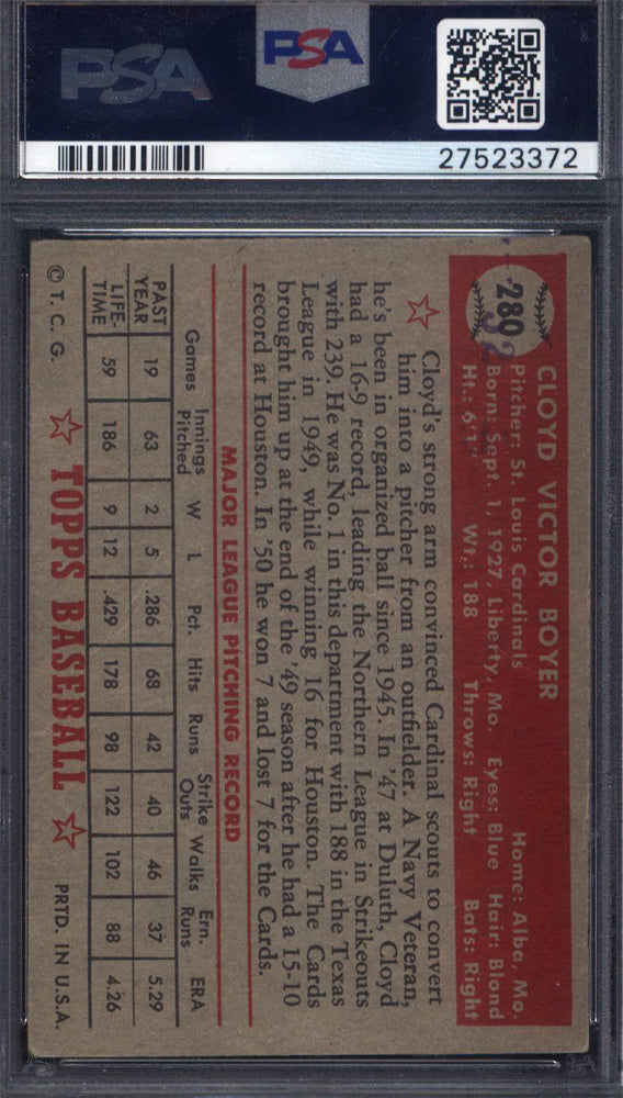 1952 Topps #280 Cloyd Boyer Signed Autographed Auto Cardinals PSA/DNA