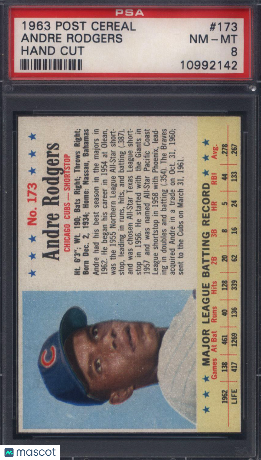 1963 Post Cereal #173 Andre Rodgers Hand Cut Cubs PSA 8