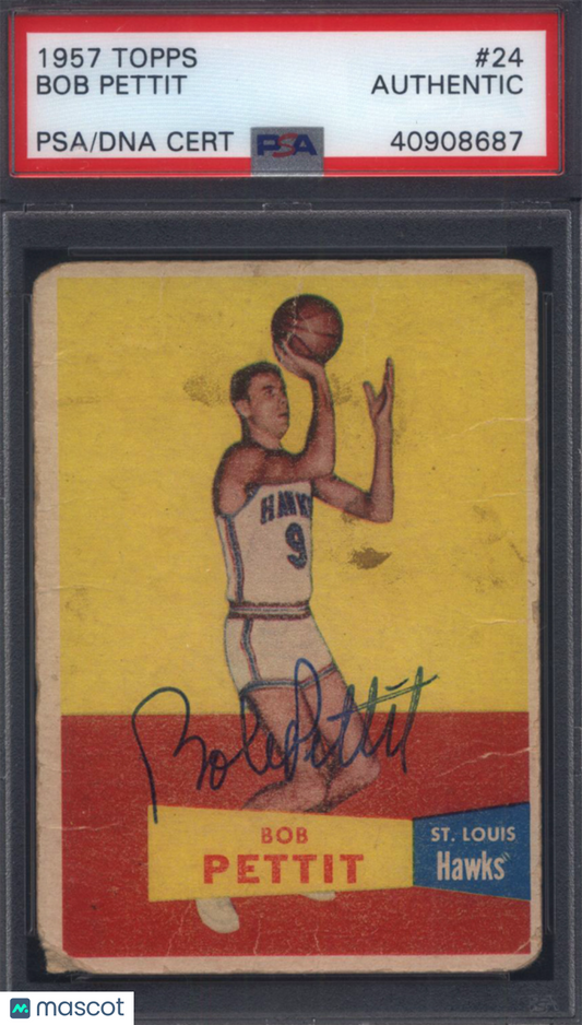 1957 Topps #24 Bob Pettit Rookie HOF Signed Auto Autographed PSA Authentic
