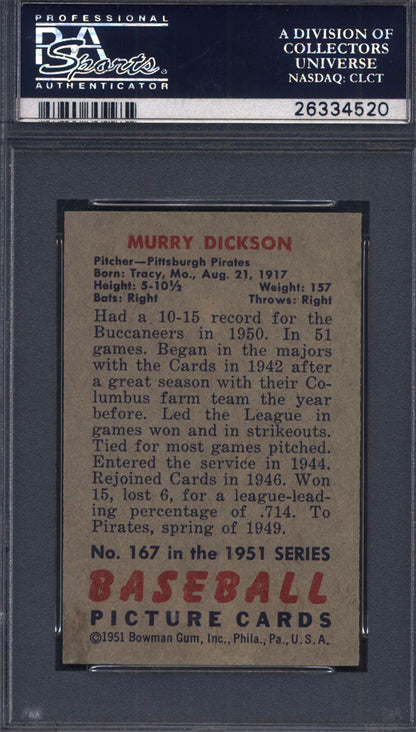 1951 Bowman #167 Murry Dickson Pirates PSA 8