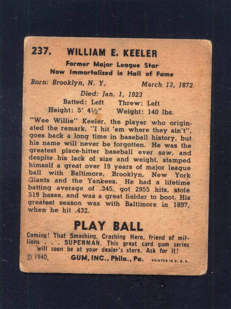1940 Play Ball #237 Willie Keeler Yankees (VG)