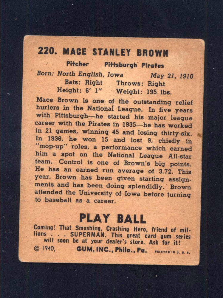 1940 Play Ball #220 Mace Brown Pirates (VG)