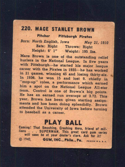 1940 Play Ball #220 Mace Brown Pirates (VG)