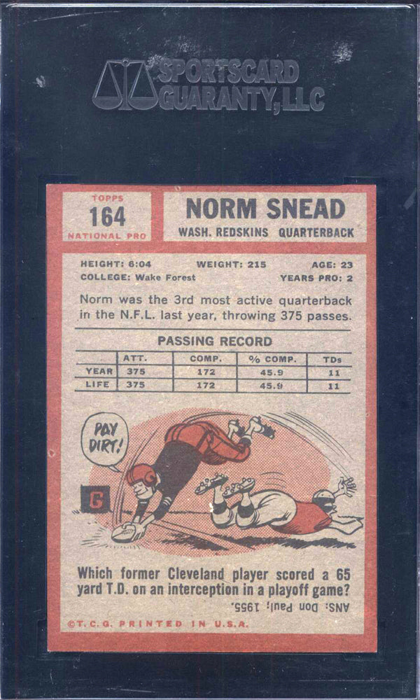 1962 Topps #164 Norm Snead Rookie Redskins SGC 7