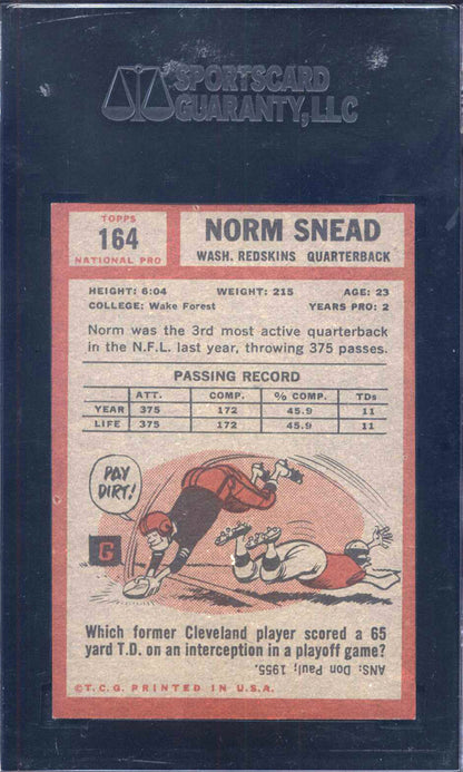 1962 Topps #164 Norm Snead Rookie Redskins SGC 7