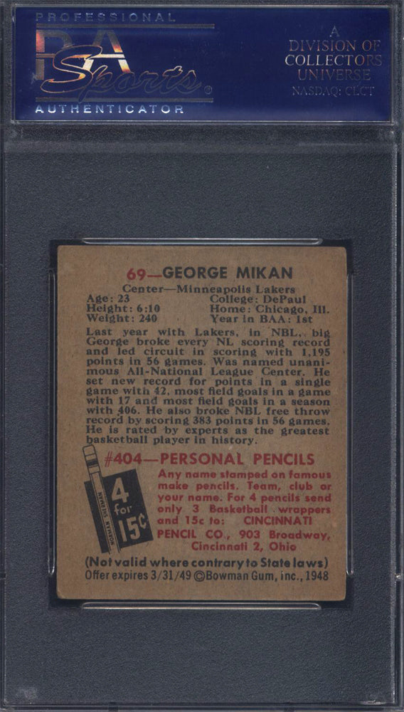 1948 Bowman #69 George Mikan Rookie HOF Lakers PSA 5