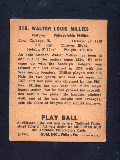 1940 Play Ball #218 Wally Millies Phillies (VG)