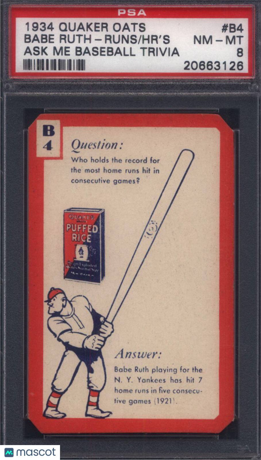 1934 Quaker Oats Ask Me Baseball Trivia #B4 Babe Ruth Runs / Homeruns PSA 8