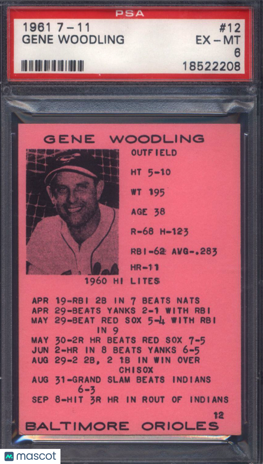 1961 7-11 #12 Gene Woodling Orioles PSA 6 POP 1 None Higher