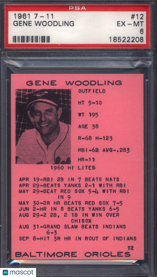1961 7-11 #12 Gene Woodling Orioles PSA 6 POP 1 None Higher