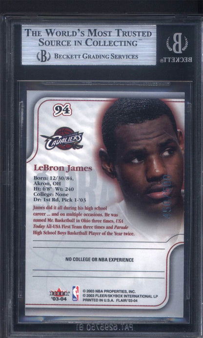2003 Flair #94 LeBron James Rookie Cavaliers BGS 9 w/ 9.5