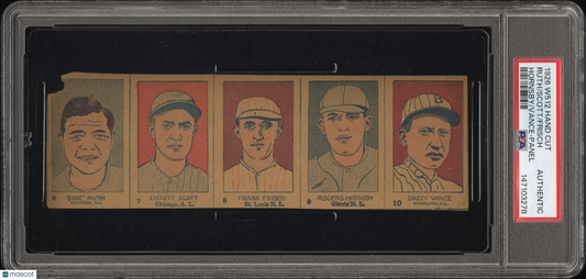 1926 W512 5 Card Strip Uncut Panel With Babe Ruth & Roger Hornsby PSA Authentic