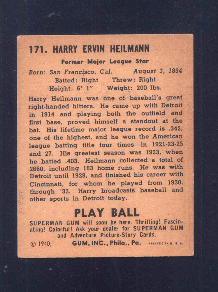 1940 Play Ball #171 Harry Heilmann Tigers (VG/EX)