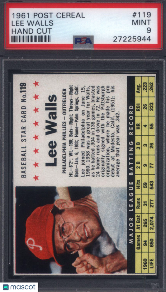 1961 Post Cereal Hand Cut #119 Lee Walls Phillies PSA 9 pop 6
