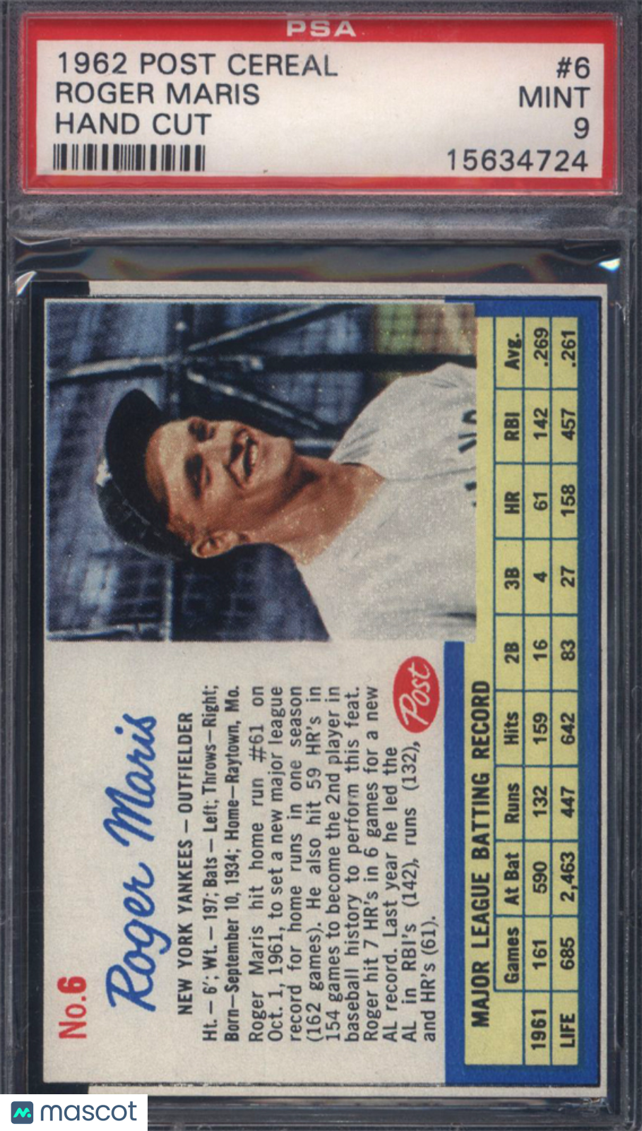 1962 Post Cereal Hand Cut #6 Roger Maris Yankees PSA 9