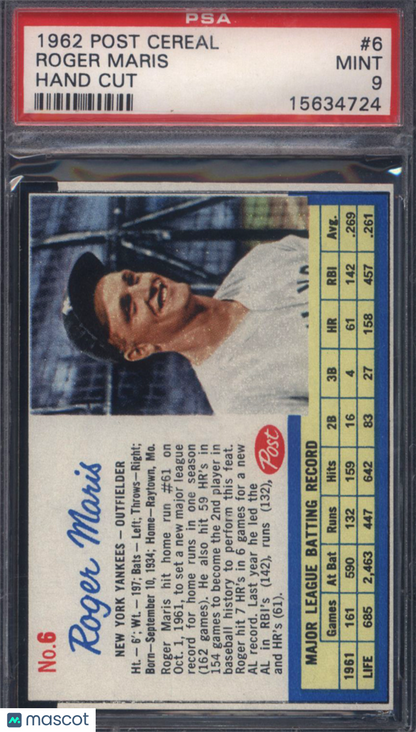 1962 Post Cereal Hand Cut #6 Roger Maris Yankees PSA 9