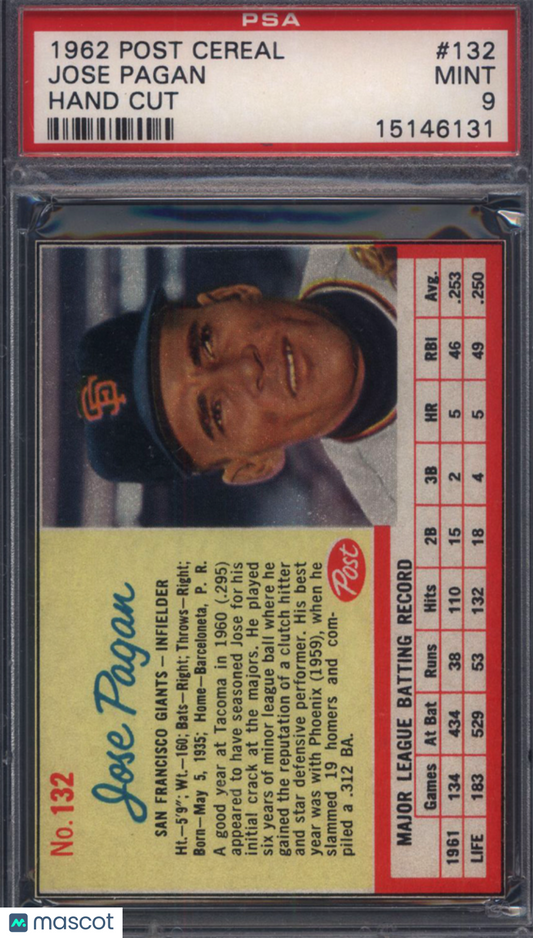 1962 Post Cereal #132 Jose Pagan Giants PSA 9 POP 6 (Only 2 Higher)