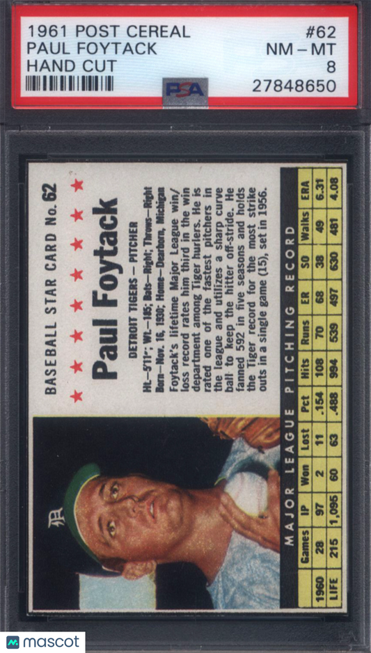 1961 Post Cereal #62 Paul Foytack Hand Cut Tigers PSA 8