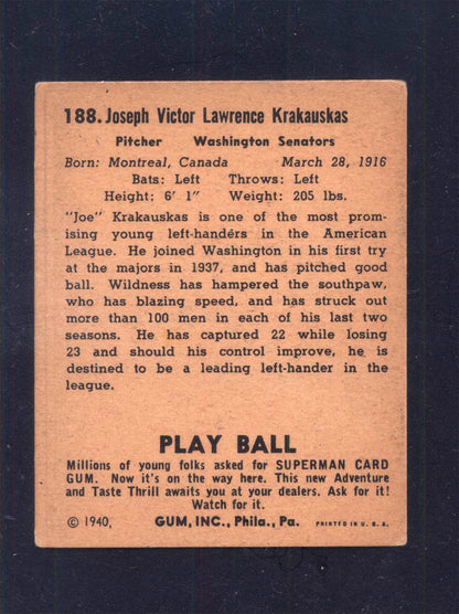 1940 Play Ball #188 Joe Krakauskas Senators (VG/EX)