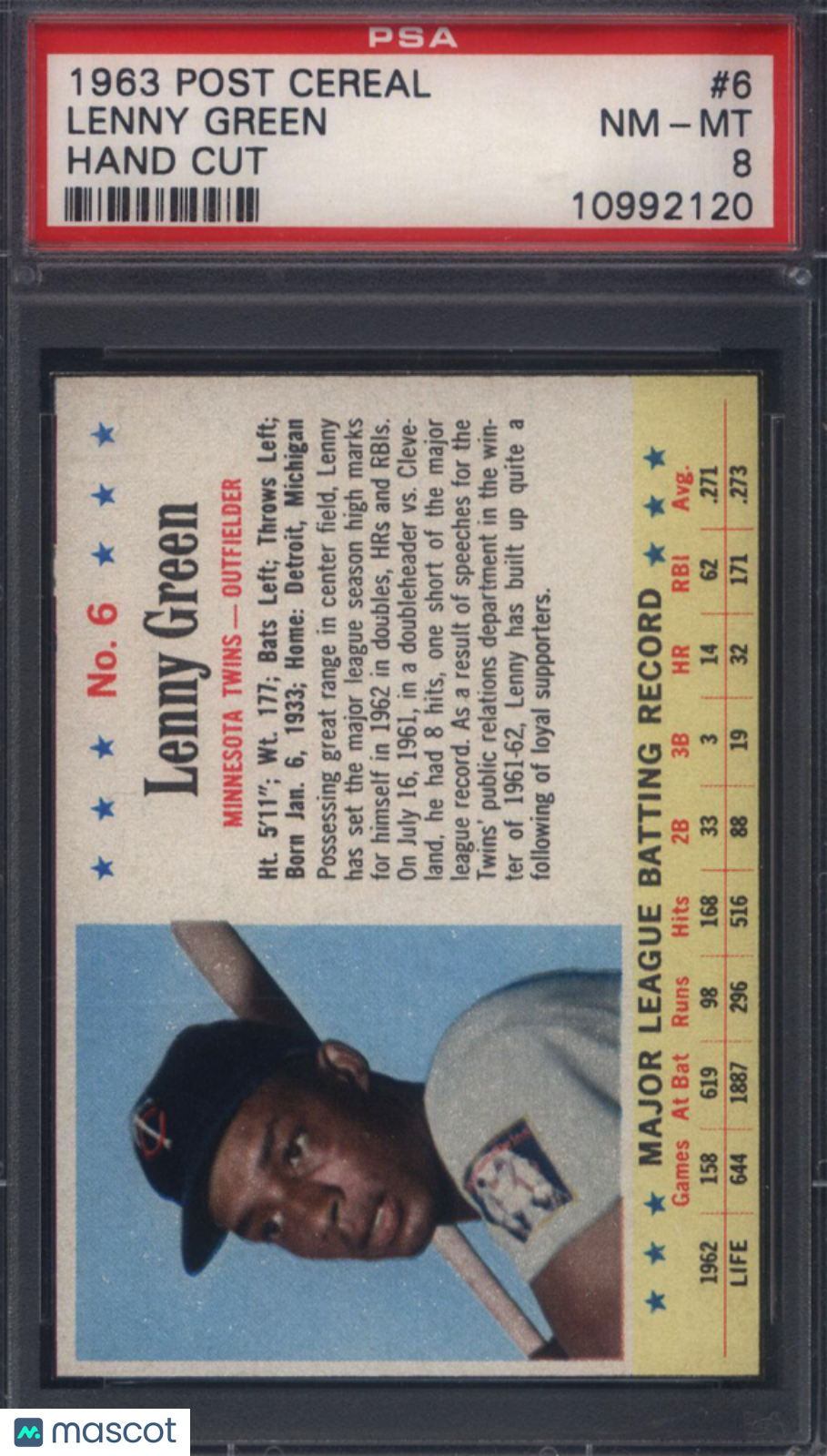 1963 Post Cereal #6 Lenny Green Hand Cut Twins PSA 8 SP Short Print