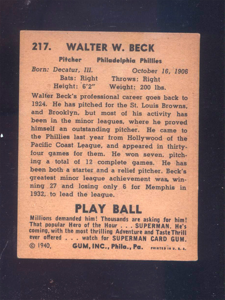 1940 Play Ball #217 Walter Beck Phillies (VG/EX)