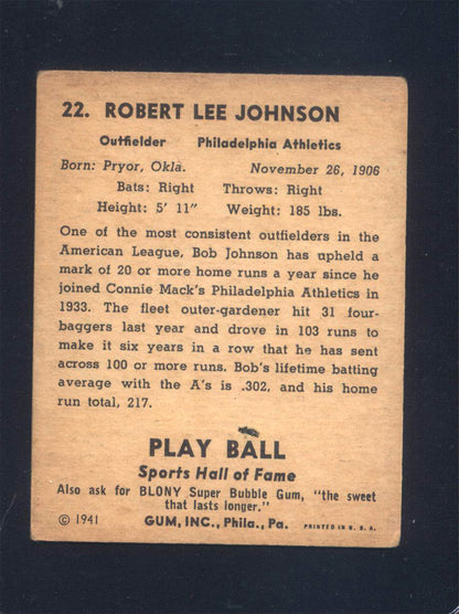 1941 Play Ball #22 Robert "Indian Bob" Johnson Athletics (VG)