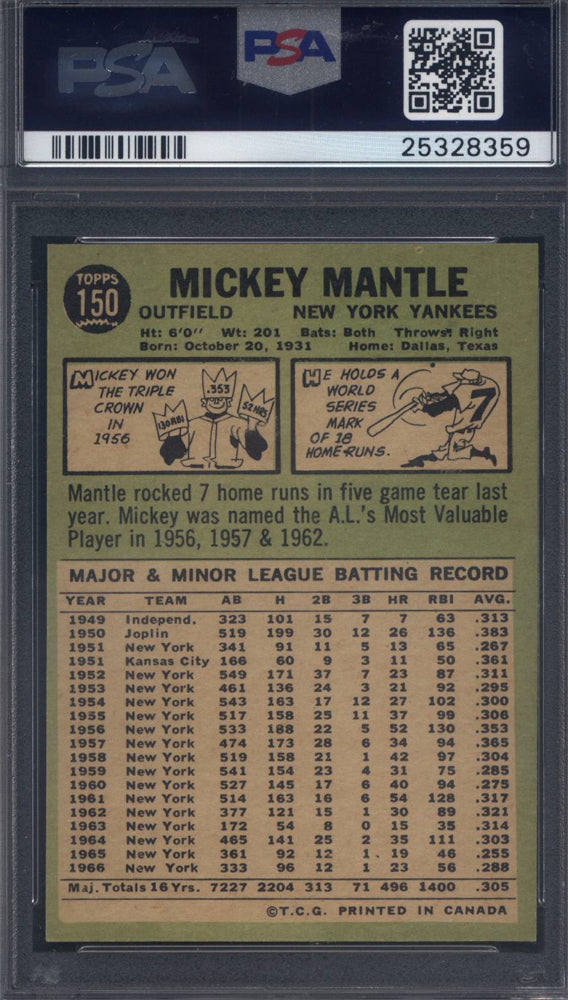 1967 O-Pee-Chee #150 Mickey Mantle Yankees PSA 8 pop 18 (None Higher)