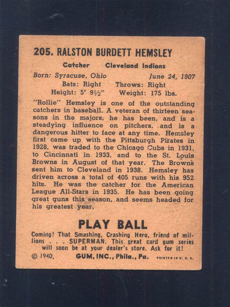1940 Play Ball #205 Rollie Hemsley Indians (VG)