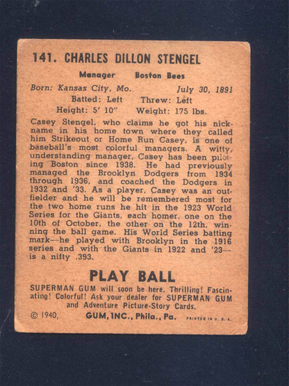 1940 Play Ball #141 Casey Stengel Boston (VG)
