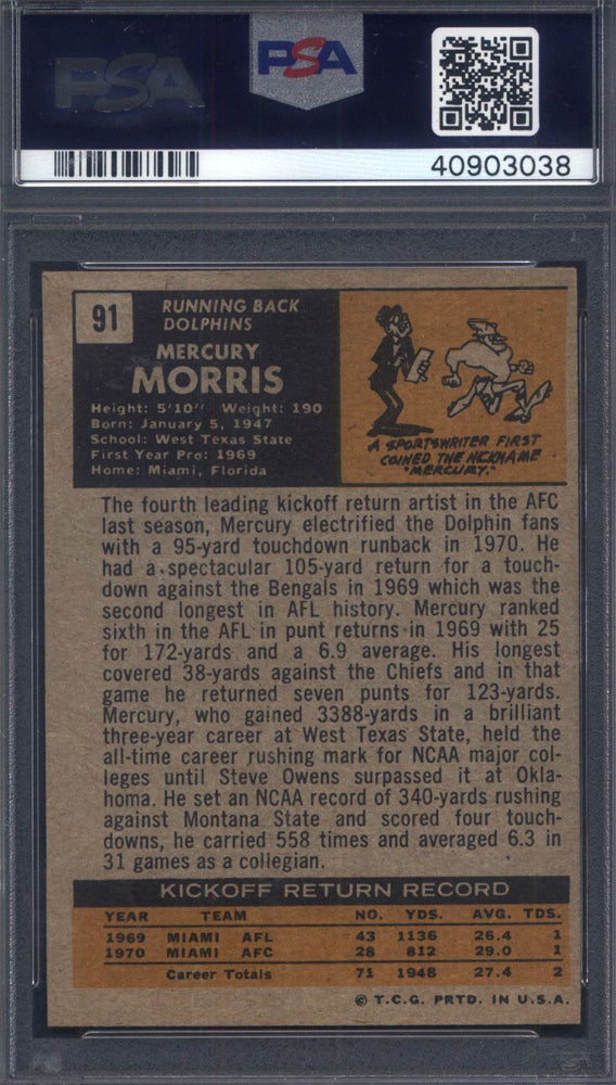 1971 Topps #91 Mercury Morris Signed Autographed Rookie HOF PSA Authentic