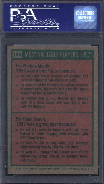 1975 Topps #195 1957-Mvp's with Mickey Mantle Hank Aaron PSA 8