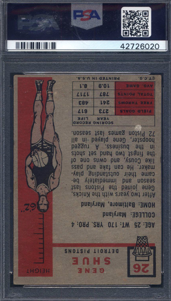 1957 Topps #26 Gene Shue RC Signed Autographed Auto Pistonjs PSA/DNA Authentic