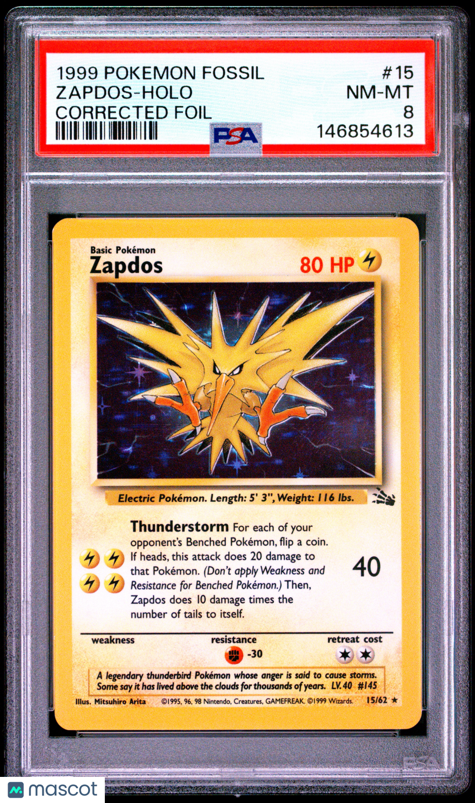 1999 Pokemon Fossil #15 Zapdos Holo Corrected Foil PSA 8